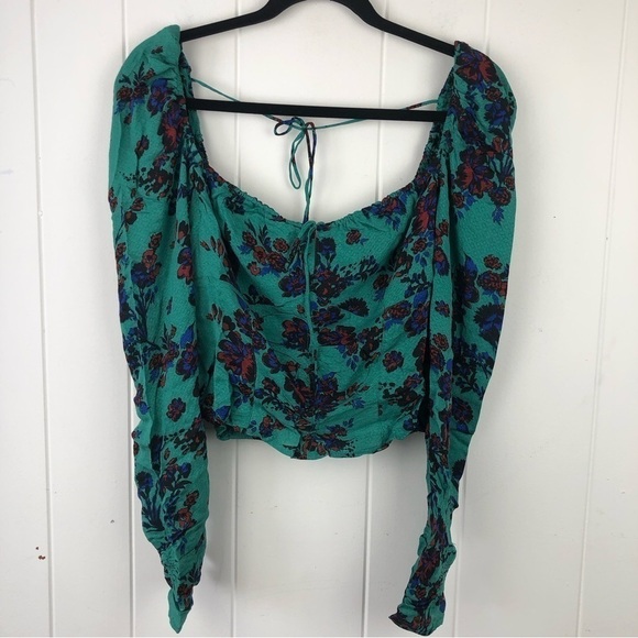 Free People Womens Hilary Printed Long Sleeve Green Floral Top Medium - Picture 3 of 13